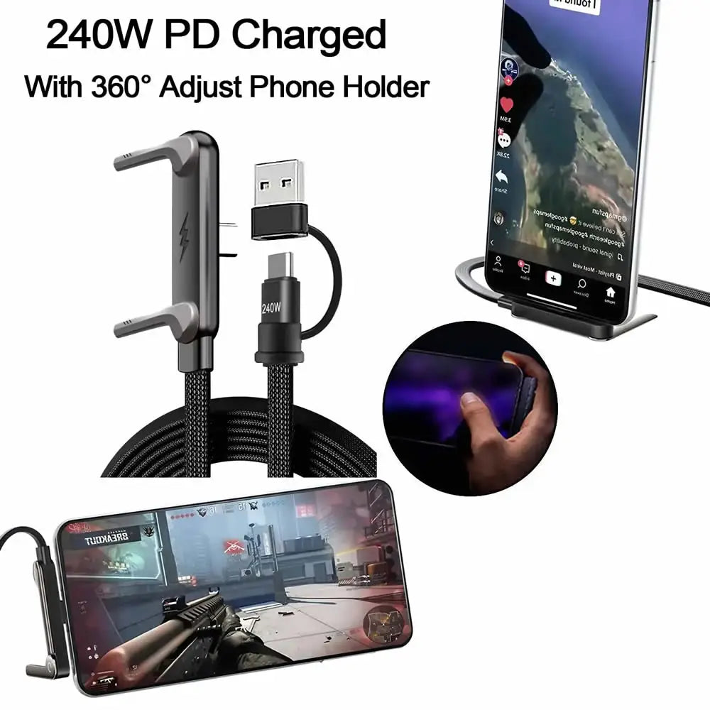 240W Invisible Holder Charger Cable Fast Charging Cord with Built-In Phone Stand Charging Cable 2In1 USB Type-C to USB-C Cable