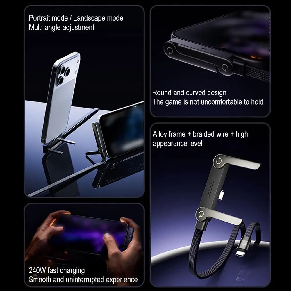 240W Invisible Holder Charger Cable Fast Charging Cord with Built-In Phone Stand Charging Cable 2In1 USB Type-C to USB-C Cable